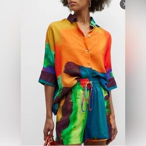 Lenny Niemeyer Button-Front Cropped Wide Shirt in Itaqui Linen blend,M